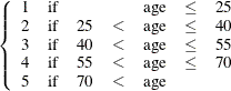 $\displaystyle  \left\{  \begin{array}{clcccccc} 1 &  \textrm{if} & & &  \textrm{age} &  \leq &  25 \\ 2 &  \textrm{if} &  25 &  < &  \textrm{age} &  \leq &  40 \\ 3 &  \textrm{if} &  40 &  < &  \textrm{age} &  \leq &  55 \\ 4 &  \textrm{if} &  55 &  < &  \textrm{age} &  \leq &  70 \\ 5 &  \textrm{if} &  70 &  < &  \textrm{age} & & \end{array}\right.  $