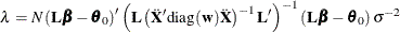 \[  \lambda = N \left(\mb {L} \bbeta - \btheta _0 \right)’\left(\mb {L} \left(\ddot{\mb {X}}’ \mr {diag}(\mb {w}) \ddot{\mb {X}} \right)^{-1} \mb {L}^\prime \right)^{-1} \left(\mb {L} \bbeta - \btheta _0 \right) \sigma ^{-2}  \]