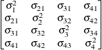 $ \begin{bmatrix}  \sigma _1^2   &  \sigma _{21}   &  \sigma _{31}   &  \sigma _{41}   \\ \sigma _{21}   &  \sigma _2^2   &  \sigma _{32}   &  \sigma _{42}   \\ \sigma _{31}   &  \sigma _{32}   &  \sigma _3^2   &  \sigma _{34}   \\ \sigma _{41}   &  \sigma _{42}   &  \sigma _{43}   &  \sigma _4^2   \end{bmatrix} $