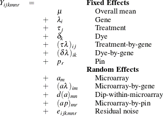 \begin{equation*} \begin{array}{lccllll} Y_{ijkmnr} &  = & & &  \multicolumn{2}{l}{\mbox{\Strong{Fixed Effects}}} \\ & & &  \mu & &  \mbox{Overall mean} \\ & &  + &  \lambda _ i & &  \mbox{Gene} \\ & &  + &  \tau _ j & &  \mbox{Treatment} \\ & &  + &  \delta _ k & &  \mbox{Dye} \\ & &  + &  (\tau \lambda )_{ij} & &  \mbox{Treatment-by-gene} \\ & &  + &  (\delta \lambda )_{ik} & &  \mbox{Dye-by-gene} \\ & &  + &  p_ r & &  \mbox{Pin} \\ & & & &  \multicolumn{2}{l}{\mbox{\Strong{Random Effects}}} \\ & &  + &  a_ m & &  \mbox{Microarray} \\ & &  + &  (a\lambda )_{im} & &  \mbox{Microarray-by-gene} \\ & &  + &  d(a)_{mn} & &  \mbox{Dip-within-microarray} \\ & &  + &  (ap)_{mr} & &  \mbox{Microarray-by-pin} \\ & &  + &  e_{ijkmnr} & &  \mbox{Residual noise} \end{array}\end{equation*}