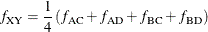 \[  f_{\mr {XY}} = \frac{1}{4} \left( f_{\mr {AC}} + f_{\mr {AD}} + f_{\mr {BC}} + f_{\mr {BD}} \right)  \]