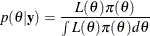 \[  p(\theta | \mb {y}) = \frac{L (\theta ) \pi (\theta )}{\int L (\theta ) \pi (\theta ) d \theta }  \]