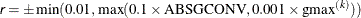 \[  \Argument{r} = \pm \min (0.01, \max (0.1 \times \mr {ABSGCONV}, 0.001 \times \mr {gmax}^{(k)}))  \]