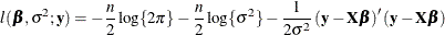 \[  l(\bbeta ,\sigma ^2; \mb {y}) = -\frac{n}{2}\log \{ 2\pi \}  -\frac{n}{2}\log \{ \sigma ^2\}  - \frac{1}{2\sigma ^2} \left(\mb {y}-\bX \bbeta \right)’\left(\mb {y}-\bX \bbeta \right)  \]