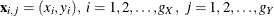 $\mb {x}_{i,j}=(x_{i},y_{i}), \  i = 1,2,\ldots ,g_{X}, \   j=1,2,\ldots ,g_{Y}$