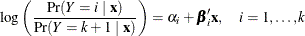 \[  \log \left(\frac{\Pr ({Y} = i~ |~ \mb {x})}{\Pr ({Y} = k+1~ |~ \mb {x})}\right)= \alpha _{i} + \bbeta _{i} ’ \mb {x} , \quad i=1,\ldots ,k  \]