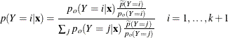 \[  p(Y=i|\mb {x}) = \frac{p_ o(Y=i|\mb {x}) \frac{\widetilde{p}(Y=i)}{p_ o(Y=i)}}{\sum _ j p_ o(Y=j|\mb {x})\frac{\widetilde{p}(Y=j)}{p_ o(Y=j)}} \quad i=1,\ldots ,k+1  \]