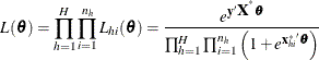 \[  L(\btheta ) = \prod _{h=1}^{H} \prod _{i=1}^{n_ h} L_{hi}(\btheta ) = \frac{e^{\mb {y}{\bX ^{^*}}\btheta }}{\prod _{h=1}^{H} \prod _{i=1}^{n_ h} \left(1+e^{{\mb {x}^*_{hi}}\btheta }\right)}  \]