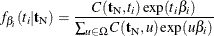 \[  f_{\beta _ i}(t_ i|\mb {t}_\mr {N}) = \frac{C(\mb {t}_\mr {N},t_ i)\exp (t_ i\beta _ i)}{\sum _{u\in \Omega }C(\mb {t}_\mr {N},u)\exp (u\beta _ i)}  \]