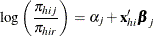 \[  \log \left(\frac{\pi _{hij}}{\pi _{hir}}\right) = \alpha _{j} + \mb {x}_{hi}’\bbeta _{j}  \]