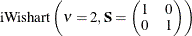 $\displaystyle  \mbox{iWishart} \left( \nu =2, \mb {S} = \left( \begin{matrix}  1   &  0   \\ 0   &  1   \end{matrix} \right) \right)  $