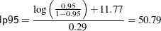 \[  \mbox{\Variable{lp95}} = \frac{\log \left( \frac{0.95}{1-0.95}\right) + 11.77}{0.29} = 50.79  \]