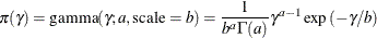 $\displaystyle \pi (\gamma ) = \mbox{gamma}(\gamma ; a, \mbox{scale}=b) = \frac{1}{b^ a\Gamma (a)} \gamma ^{a-1} \exp \left( -\gamma /b \right)  $