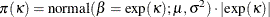 \[  \pi (\kappa ) = \mbox{normal}(\beta = \exp (\kappa ); \mu , \sigma ^2) \cdot \left| \exp (\kappa ) \right|  \]