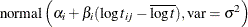 $\displaystyle  \mbox{normal} \left(\alpha _ i + \beta _ i(\log t_{ij} - \overline{\log t}), \mbox{var}=\sigma ^2 \right)  $