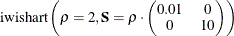 $\displaystyle  \mbox{iwishart} \left( \rho =2, \mb {S} = \rho \cdot \left( \begin{matrix}  0.01   &  0   \\ 0   &  10   \end{matrix} \right) \right)  $