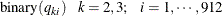 $\displaystyle  \mbox{binary}(q_{ki}) ~ ~ ~  k = 2,3; ~ ~ ~  i = 1, \cdots , 912  $