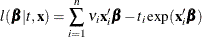 \[ l(\bbeta |t,\mb {x}) = \sum _{i=1}^ n \nu _ i \mb {x}_ i^{\prime }\bbeta - t_ i \exp (\mb {x}_ i^{\prime }\bbeta ) \]