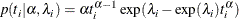 \[ p(t_ i|\alpha ,\lambda _ i) = \alpha t_ i^{\alpha -1} \exp (\lambda _ i-\exp (\lambda _ i) t_ i^\alpha ) \]