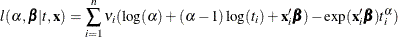 \[ l(\alpha ,\bbeta |t,\mb {x}) = \sum _{i=1}^ n \nu _ i (\log (\alpha ) + (\alpha -1)\log (t_ i) + \mb {x}_ i^{\prime }\bbeta ) - \exp (\mb {x}_ i^{\prime }\bbeta ) t_ i^\alpha ) \]