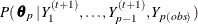 $\displaystyle  P(\,  \btheta _{p} \, |\,  Y^{(t+1)}_{1}, \ldots , Y^{(t+1)}_{p-1} , Y_{p(\mi {obs})} \, )  $