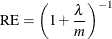 \[  \mr {RE} = { \left( 1 + \frac{\lambda }{m} \right) }^{-1}  \]