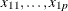 $x_{11}, \ldots , x_{1p}$