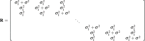 \[  \mb {R} = \left[ \begin{array}{ccccccc} \sigma ^2_1 + \sigma ^2 &  \sigma ^2_1 &  \sigma ^2_1 & & & & \\ \sigma ^2_1 &  \sigma ^2_1 + \sigma ^2 &  \sigma ^2_1 & & & & \\ \sigma ^2_1 &  \sigma ^2_1 &  \sigma ^2_1 + \sigma ^2 & & & & \\ & & &  \ddots & & & \\ & & & &  \sigma ^2_1 + \sigma ^2 &  \sigma ^2_1 &  \sigma ^2_1 \\ & & & &  \sigma ^2_1 &  \sigma ^2_1 + \sigma ^2 &  \sigma ^2_1 \\ & & & &  \sigma ^2_1 &  \sigma ^2_1 &  \sigma ^2_1 + \sigma ^2 \\ \end{array} \right]  \]