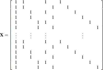 \[  \bX = \left[ \begin{array}{cccccccccccc} 1 &  1 & & &  1 & &  1 & & & & & \\ 1 &  1 & & & &  1 & &  1 & & & & \\ 1 & &  1 & &  1 & & & &  1 & & & \\ 1 & &  1 & & &  1 & & & &  1 & & \\ 1 & & &  1 &  1 & & & & & &  1 & \\ 1 & & &  1 & &  1 & & & & & &  1 \\ \vdots & &  \vdots & &  \vdots & & & & &  \vdots \\ 1 &  1 & & &  1 & &  1 & & & & & \\ 1 &  1 & & & &  1 & &  1 & & & & \\ 1 & &  1 & &  1 & & & &  1 & & & \\ 1 & &  1 & & &  1 & & & &  1 & & \\ 1 & & &  1 &  1 & & & & & &  1 & \\ 1 & & &  1 & &  1 & & & & & &  1 \\ \end{array} \right] \\  \]