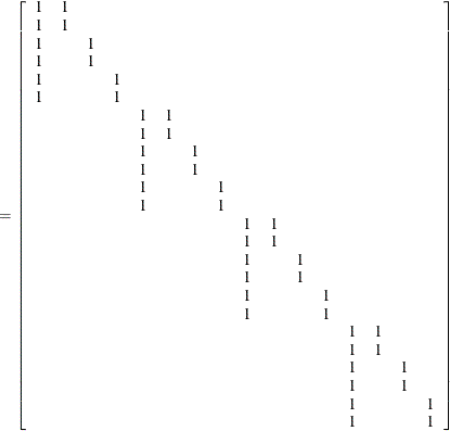 $\displaystyle = \left[ \begin{array}{cccccccccccccccc} 1 &  1 & & & & & & & & & & & & & & \\ 1 &  1 & & & & & & & & & & & & & & \\ 1 & &  1 & & & & & & & & & & & & & \\ 1 & &  1 & & & & & & & & & & & & & \\ 1 & & &  1 & & & & & & & & & & & & \\ 1 & & &  1 & & & & & & & & & & & & \\ & & & &  1 &  1 & & & & & & & & & & \\ & & & &  1 &  1 & & & & & & & & & & \\ & & & &  1 & &  1 & & & & & & & & & \\ & & & &  1 & &  1 & & & & & & & & & \\ & & & &  1 & & &  1 & & & & & & & & \\ & & & &  1 & & &  1 & & & & & & & & \\ & & & & & & & &  1 &  1 & & & & & & \\ & & & & & & & &  1 &  1 & & & & & & \\ & & & & & & & &  1 & &  1 & & & & & \\ & & & & & & & &  1 & &  1 & & & & & \\ & & & & & & & &  1 & & &  1 & & & & \\ & & & & & & & &  1 & & &  1 & & & & \\ & & & & & & & & & & & &  1 &  1 & & \\ & & & & & & & & & & & &  1 &  1 & & \\ & & & & & & & & & & & &  1 & &  1 & \\ & & & & & & & & & & & &  1 & &  1 & \\ & & & & & & & & & & & &  1 & & &  1 \\ & & & & & & & & & & & &  1 & & &  1 \\ \end{array} \right]  $