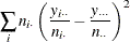 $\displaystyle  \sum _ i n_{i \cdot } \left( \frac{y_{i \cdot \cdot }}{n_{i \cdot }} - \frac{y_{\cdot \cdot \cdot }}{n_{\cdot \cdot }} \right)^2  $