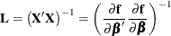 \[  \mb {L} = \left(\mb {X}’\mb {X}\right)^{-1} = \left( \frac{\partial \mb {f}}{\partial \bbeta ^\prime } \frac{\partial \mb {f}}{\partial \bbeta } \right)^{-1}  \]