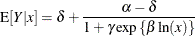 \[  \mr {E}[Y|x] = \delta + \frac{\alpha - \delta }{1+\gamma \exp \left\{ \beta \ln (x)\right\} }  \]