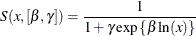 \[  S(x,[\beta ,\gamma ]) = \frac{1}{1+\gamma \exp \left\{ \beta \ln (x)\right\} }  \]