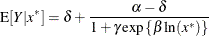 \[  \mr {E}[Y|x^*] = \delta + \frac{\alpha - \delta }{1+\gamma \exp \left\{ \beta \ln (x^*)\right\} }  \]