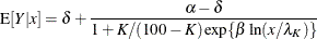 \[  \mr {E}[Y|x] = \delta + \frac{\alpha -\delta }{1+K/(100-K)\exp \{ \beta \ln (x/\lambda _ K)\} }  \]