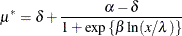 \[  \mu ^* = \delta + \frac{\alpha -\delta }{1+\exp \left\{ \beta \ln (x/\lambda )\right\} }  \]