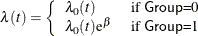 \[  \lambda (t)=\left\{  \begin{array}{ll} \lambda _{0}(t) &  \mbox{ if \Variable{Group}=0} \\ \lambda _{0}(t)\mr {e}^{\beta } &  \mbox{ if \Variable{Group}=1} \end{array} \right.  \]