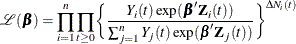 \[  \mc {L}(\bbeta ) = \prod _{i=1}^{n} \prod _{t \geq 0} \biggl \{  \frac{Y_{i}(t)\exp (\bbeta \bZ _{i}(t))}{\sum _{j=1}^{n}Y_{j}(t)\exp (\bbeta \bZ _{j}(t))} \biggr \} ^{\Delta N_{i}(t)}  \]