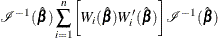 \[  \mc {I}^{-1}(\hat{\bbeta })\sum _{i=1}^ n \biggl [ W_ i(\hat{\bbeta }) W’_ i(\hat{\bbeta }) \biggl ] \mc {I}^{-1}(\hat{\bbeta })  \]