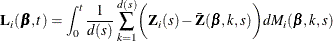 \[  \bL _{i}(\bbeta ,t) = \int _0^ t \frac{1}{d(s)} \sum _{k=1}^{d(s)}\biggl (\bZ _{i}(s) - \bar{\bZ }(\bbeta ,k,s) \biggr ) dM_{i}(\bbeta ,k,s) \\  \]