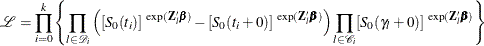 \[  \mc {L}=\prod _{i=0}^{k} \left\{  \prod _{l \in \mc {D}_ i} \left( [S_{0}(t_{i})]^{ \  \mr {exp}(\mb {Z}_{l}\bbeta ) } -[S_{0}(t_{i}+0)]^{ \  \mr {exp}(\mb {Z}_{l}\bbeta ) } \right) \prod _{l \in \mc {C}_ i} [S_{0}(\gamma _{l}+0)]^{\  \mr {exp}(\mb {Z}_{l}\bbeta )} \right\}   \]