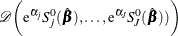 $\displaystyle  \mc {D} \biggl (\mr {e}^{\hat{\alpha }_ j}S_ j^{0}(\hat{\bbeta }),\ldots , \mr {e}^{\hat{\alpha }_ J}S_ J^{0}(\hat{\bbeta })) \biggr )  $