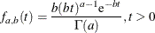 \[  f_{a,b}(t) = \frac{b (b t)^{a-1}\mr {e}^{-b t}}{\Gamma (a)}, t>0  \]