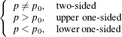 $\displaystyle \left\{  \begin{array}{ll} p \ne p_0, &  \mbox{two-sided} \\ p > p_0, &  \mbox{upper one-sided} \\ p < p_0, &  \mbox{lower one-sided} \\ \end{array} \right.  $