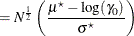 $\displaystyle = N^\frac {1}{2} \left( \frac{\mu ^\star - \log (\gamma _0)}{\sigma ^\star } \right)  $