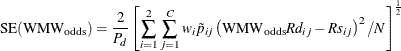 $\displaystyle  \mr {SE}(\mr {WMW}_\mr {odds}) = \frac{2}{P_ d} \left[ \sum _{i=1}^2 \sum _{j=1}^ C w_ i \tilde{p}_{ij} \left(\mr {WMW}_\mr {odds} Rd_{ij} - Rs_{ij} \right)^2 /N \right]^{\frac{1}{2}}  $