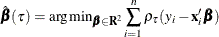 \[  \hat\bbeta (\tau ) = {\arg \min }_{\bbeta \in \mb {R}^2}\sum _{i=1}^ n\rho _{\tau } (y_ i- \mb {x}_ i^{\prime } \bbeta ) \]