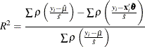 \[  R^2 = {{\sum \rho \left({y_ i-{\hat\mu } \over {\hat s}}\right) - \sum \rho \left({y_ i-\mb {x}_ i’ {\hat\btheta } \over {\hat s}}\right) \over \sum \rho \left({y_ i-{\hat\mu } \over {\hat s}}\right)}}  \]