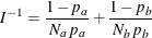 \[  I^{-1} = \frac{1-p_{a}}{N_{a} \,  p_{a}} + \frac{1-p_{b}}{N_{b} \,  p_{b}}  \]